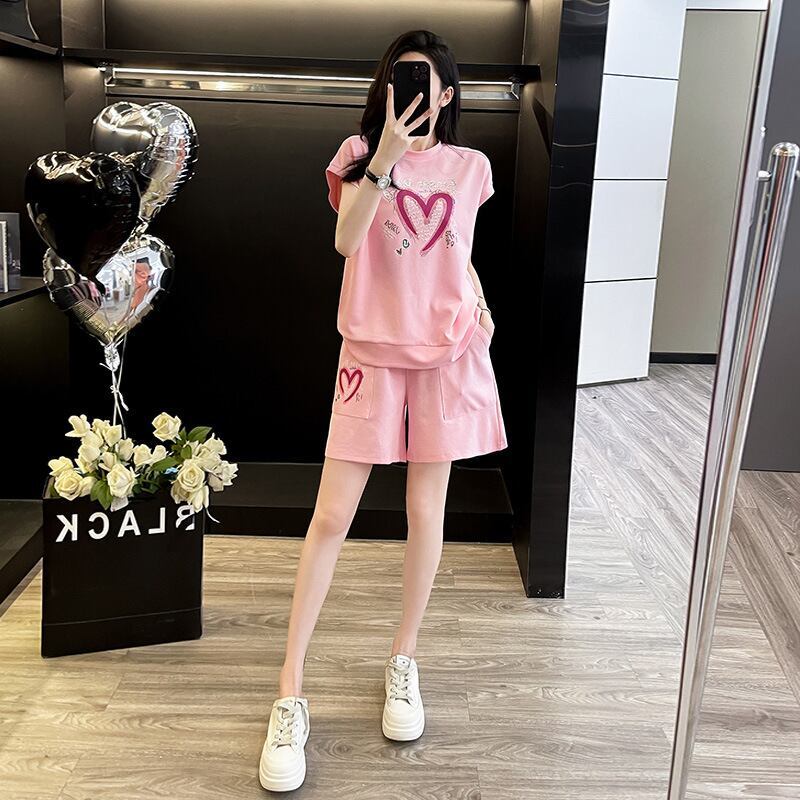 超人気 ホットダイヤモンド カジュアル プリント 半袖Tシャツ ショートパンツ セットアップ ＜S-9215＞