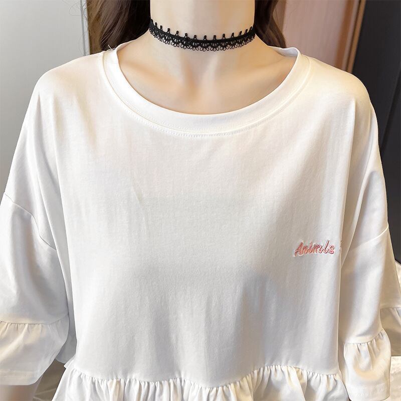 【半額！期間限定！！】合わせやすい 切り替え フリル プリント Tシャツ ゆったりワンピース＜S-3008＞