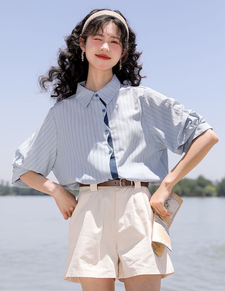 好感度UP 上質 美人度アップ 知的 ストライプ柄 3色選択 半袖シャツ＜S-9047＞