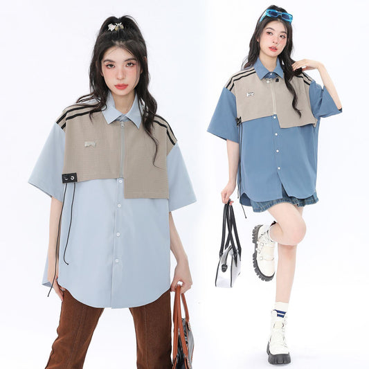 期間限定 ファッション 個性派 レイヤード風 切り替え プリント全3色 男女兼用 半袖Tシャツ<S-9044>