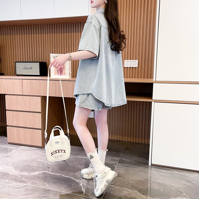 オーバーサイズ 半袖 デニム シャツ + ショートパンツ セットアップ <S-13150>