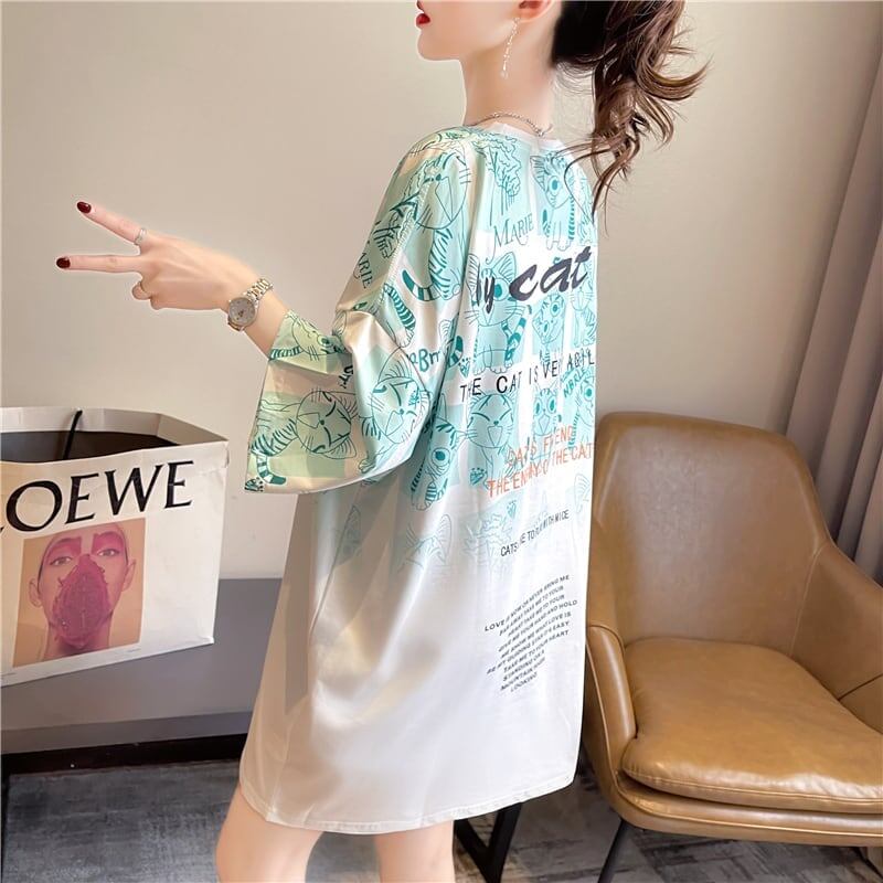 【半額！期間限定！！】大好評 プリント 猫柄 ロング Tシャツ 四色 ゆったりワンピース ＜S-4017＞