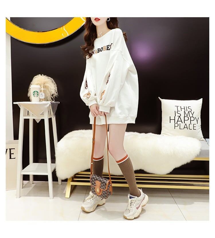 【半額！期間限定！！】韓国風ルーズラウンドネックミドル丈ファッション怠惰なトップス<S-5067>