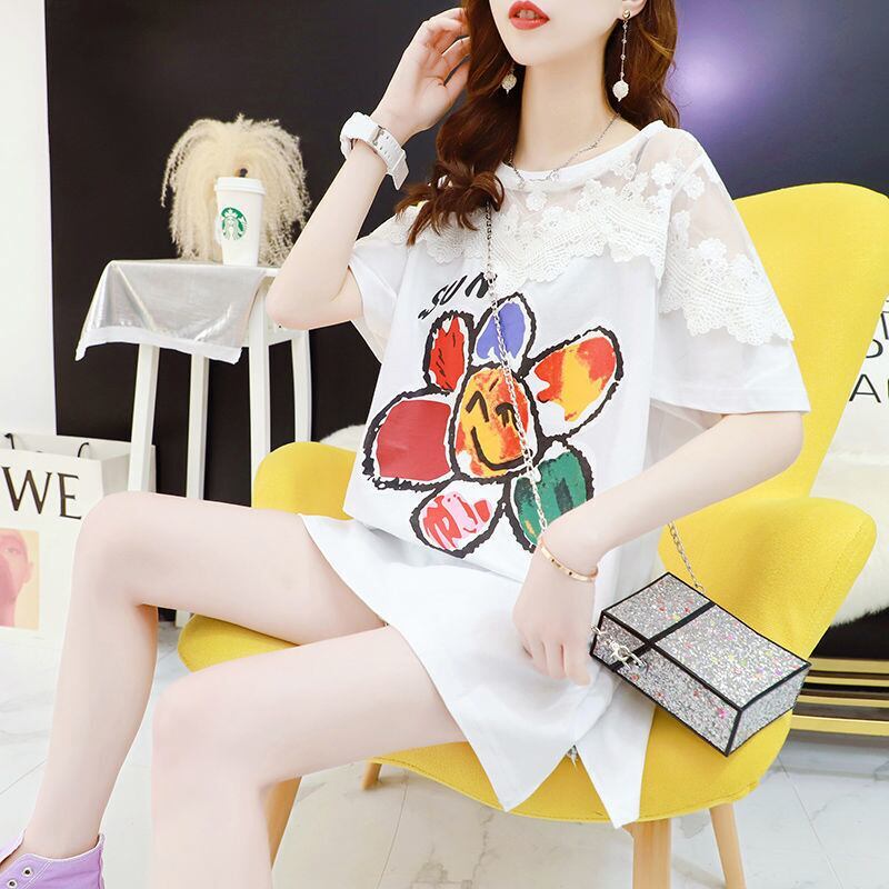 大人可愛い 切り替え レース 透かし彫り プリント全2色 半袖Tシャツ カットソー ＜S-8560＞