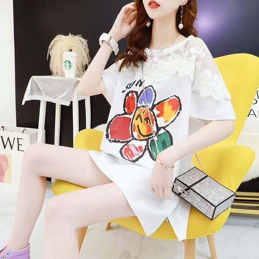 大人可愛い 切り替え レース 透かし彫り プリント全2色 半袖Tシャツ カットソー ＜S-8560＞