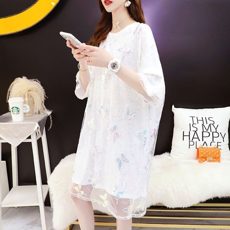 売り切れ必至 チュール生地 レイヤード風 半袖Tシャツ<S-8059>
