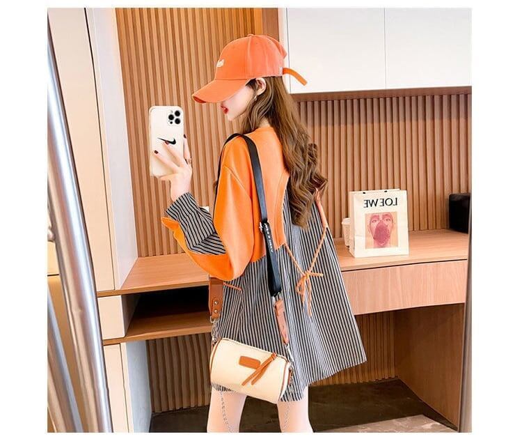 質感のいい レイヤードシャツ ストライプ柄 ロング三色 ゆったりワンピース ＜S-3989＞