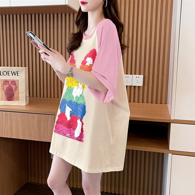 美人度アップ Tシャツ 可愛いウサギ 丸襟 半袖＜S-2824＞