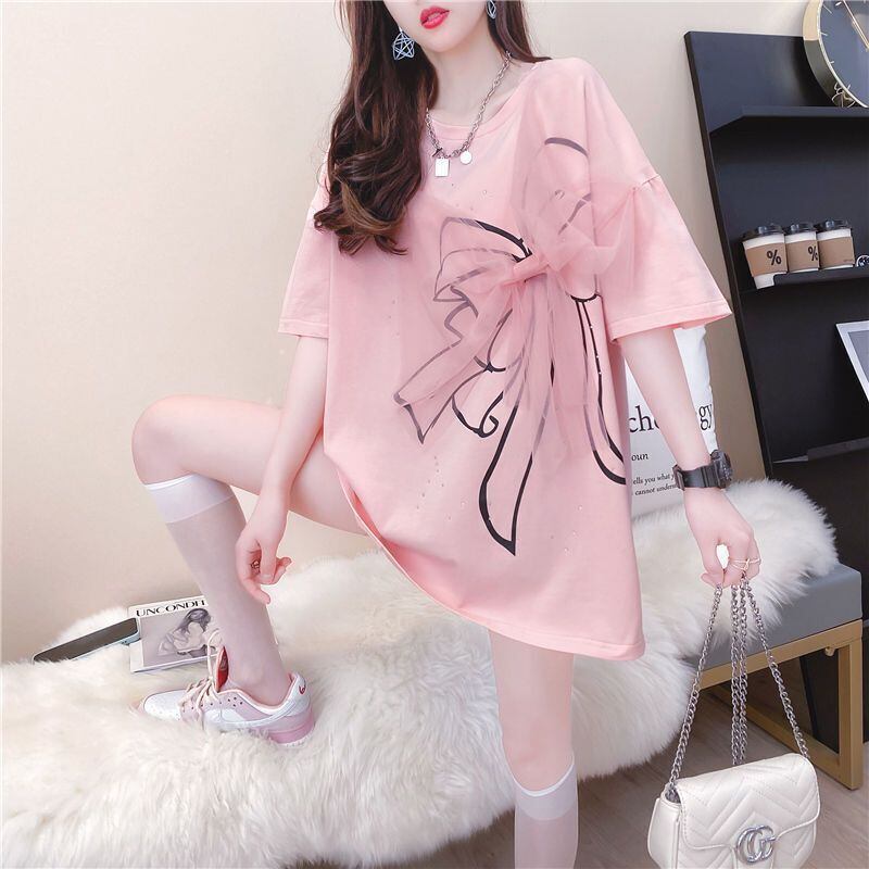 美人度アップ リボン スウィート プリント全2色 半袖Tシャツ<S-8726>