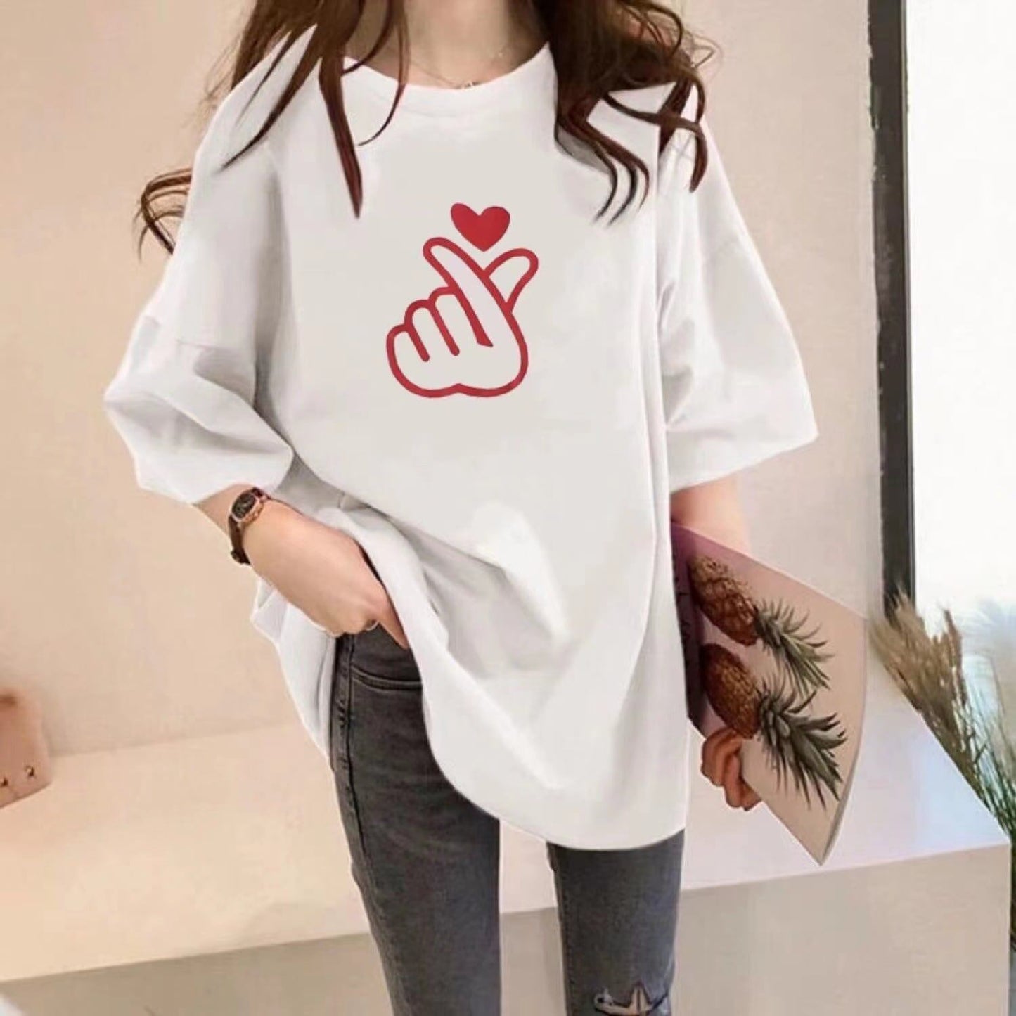 組み合わせやすい Tシャツ プリント 七色 ゆったり半袖＜S-2968＞