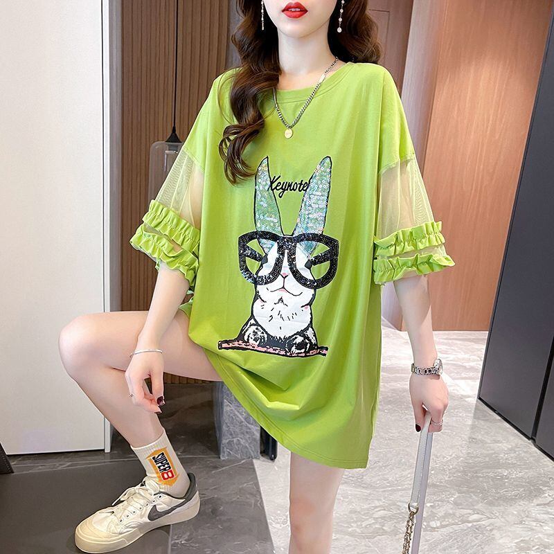 着回し力抜群 チュール 新作 切り替え ピンク プリント スパンコール プリント全3色 半袖Tシャツ カットソー ＜S-8557＞