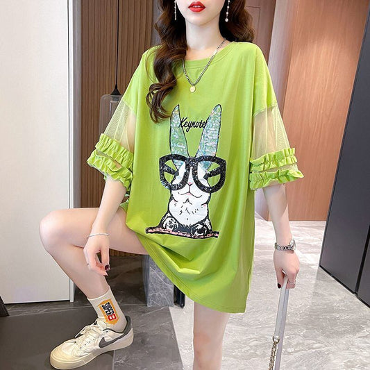着回し力抜群 チュール 新作 切り替え ピンク プリント スパンコール プリント全3色 半袖Tシャツ カットソー ＜S-8557＞