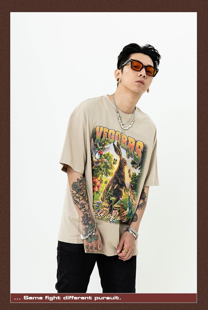 アメリカンレトロ絵画ウサギ半袖Tシャツカップル男女同スタイル<S-2910>