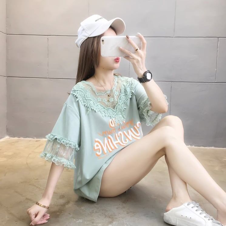 エレガントなレースステッチ半袖Tシャツ<S-3030>