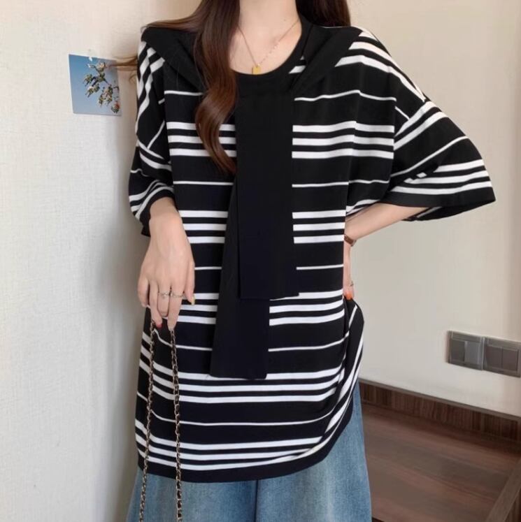 超人気 レイヤード風 カジュアル ストライプ柄 ゆったり 半袖 Tシャツ＜S-8797＞