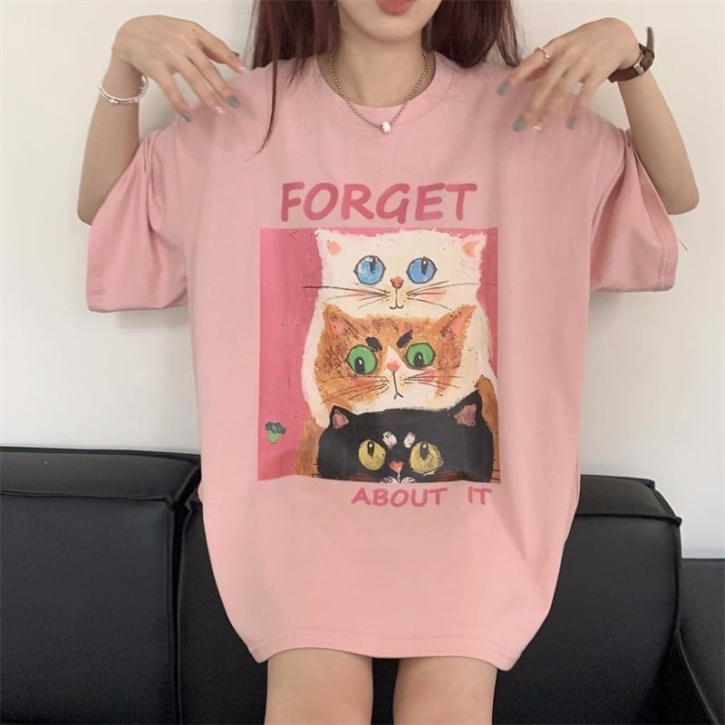 スウィート プリント 可愛いネコちゃん Tシャツ ピンク ゆったり半袖＜S-2973＞