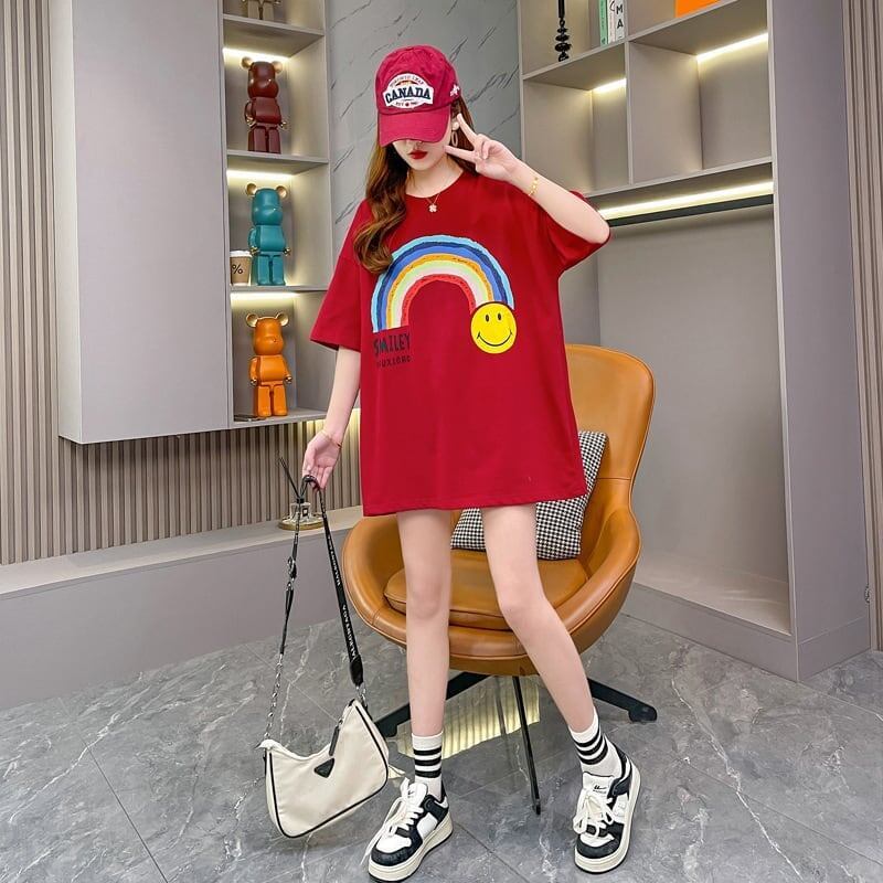 レインボースマイリーファッションオールマッチルーズ半袖Tシャツ<S-2860>