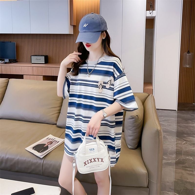 存在感抜群 ストライプ柄 トレンドアイテム カジュアル ゆったり 全2色 半袖Tシャツ＜S-9322＞