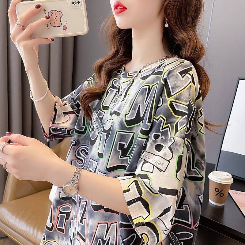 カジュアル 切り替え オシャレ度満点 プリント Tシャツ カットソー＜S-3504＞