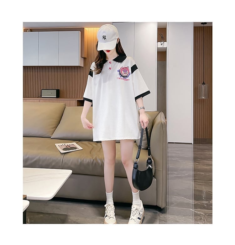 POLOネック 切り替え 熊柄 ロング プリント Tシャツ 二色 ゆったりワンピース ＜S-3020＞