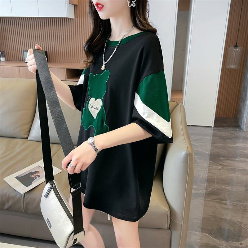 カジュアルルーズワッペン刺繍ステッチカラーブロック半袖Tシャツ<S-2870>