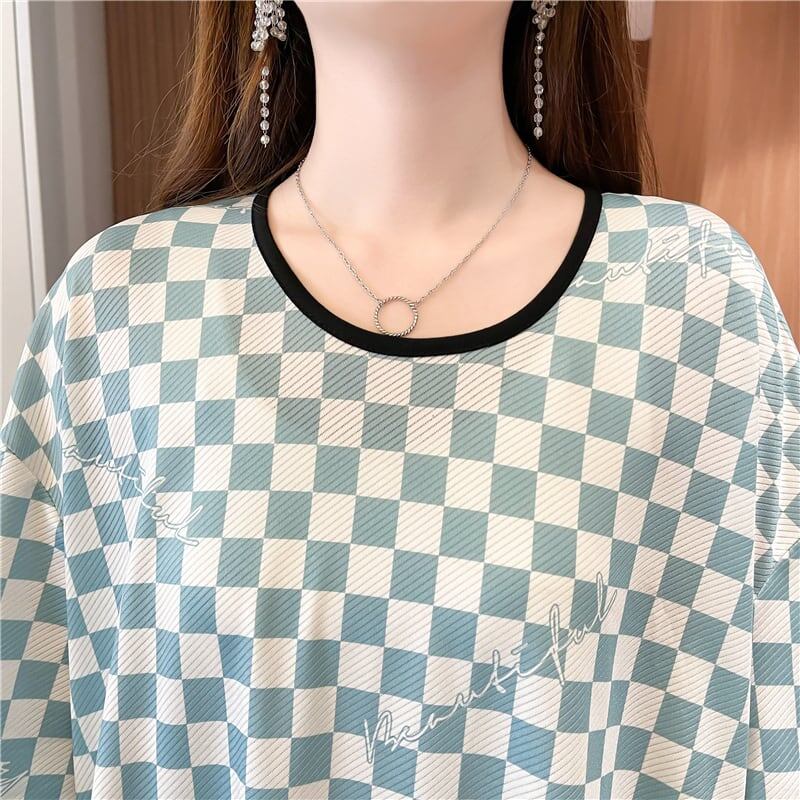 好感度満載 ラウンドネック 女性力を高める チェック柄 Tシャツ カットソー＜S-2985＞