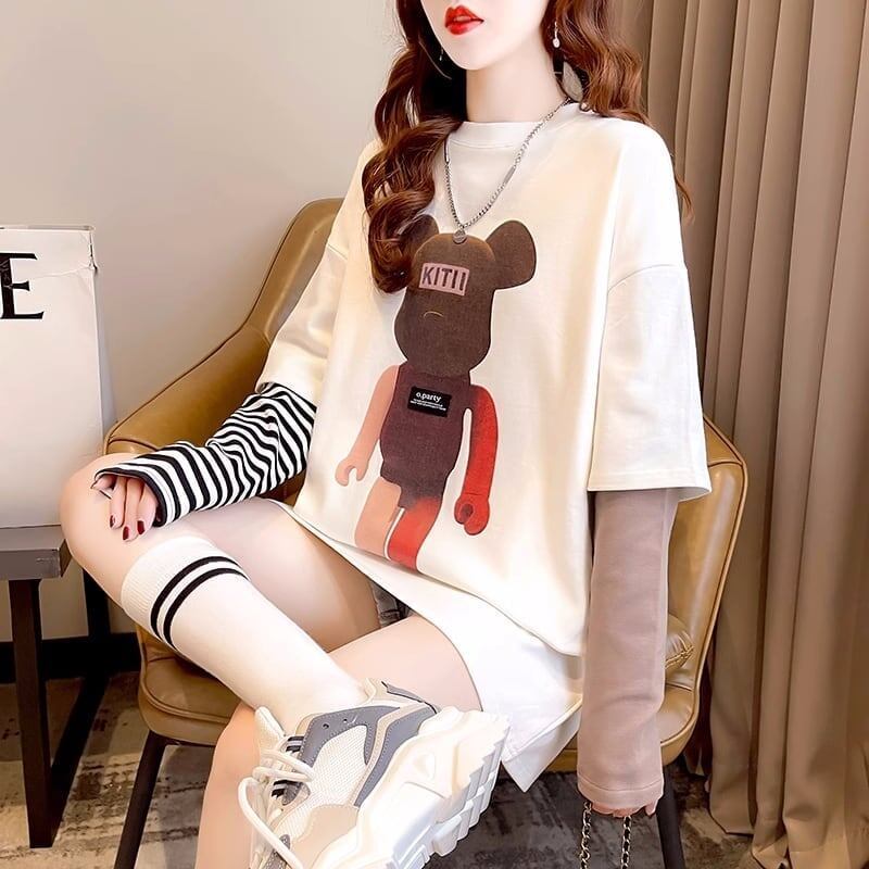 可愛いクマちゃんプリント レイヤード風 ストライプ柄 長袖Tシャツトップス＜S-4109＞