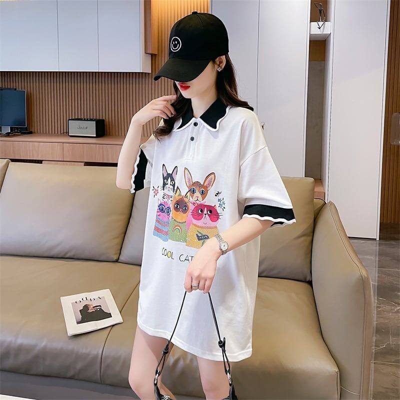 デザインセンスゆったりプリントトップラペルTシャツポロシャツ<S-2898>