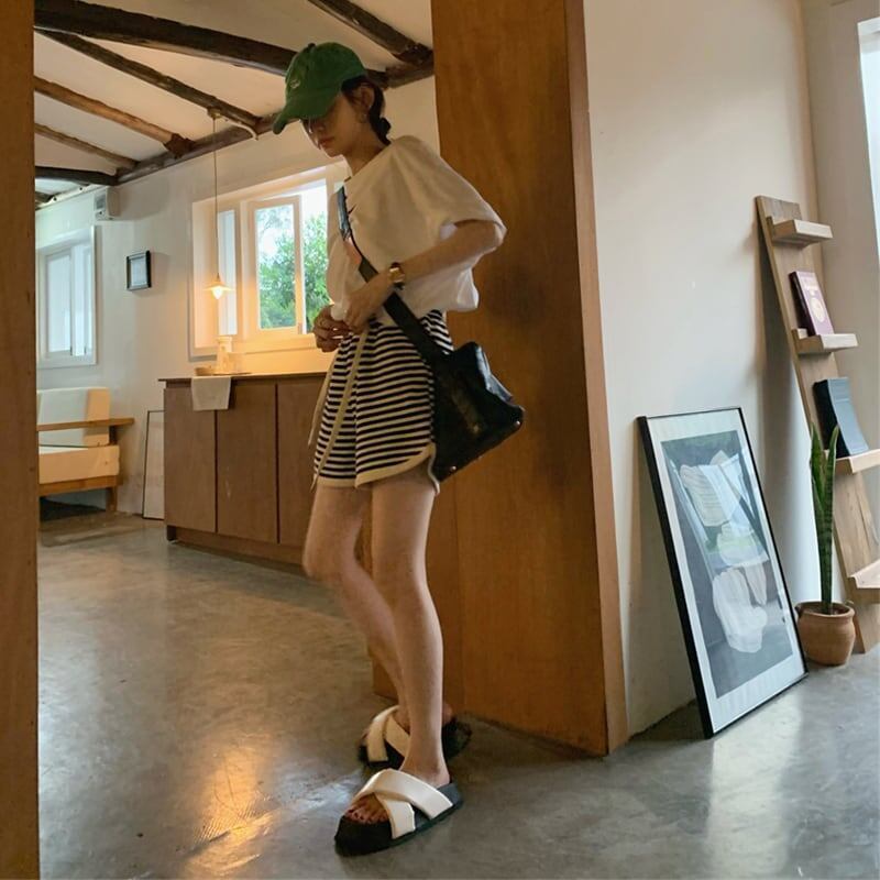 カジュアル ボーダー柄 オシャレ度満点 ハイウエスト パンツ ボトムス＜S-3221＞