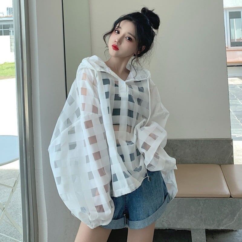 大人気 チェック柄 ゆったり 日焼け対策 UVカット 冷房対策 着?せ 長袖 フード付き シャツ ＜S-1910＞