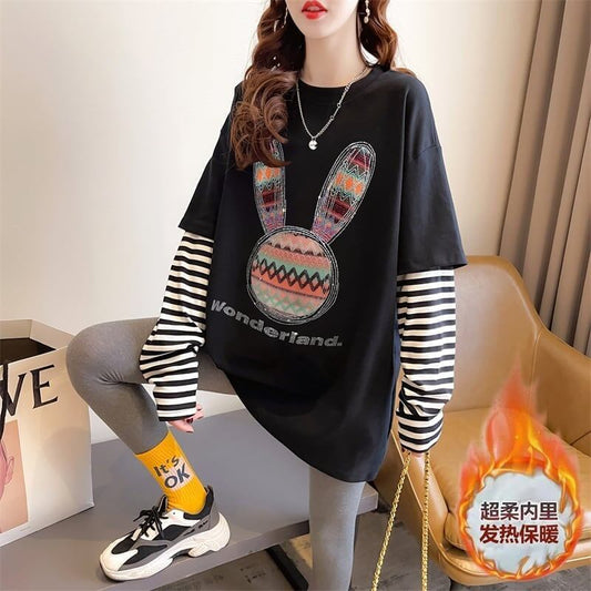 組み合わせやすい ウサギちゃん ストライプ柄 レイヤード 二色 長袖Tシャツ ＜S-4006＞