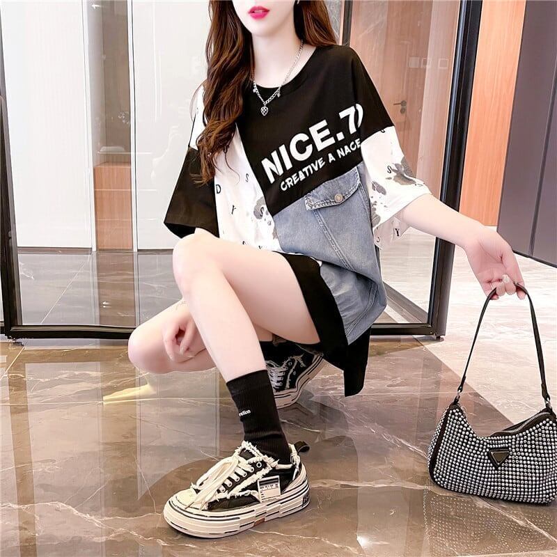 スタイリッシュ 切り替え 一目惚れ プリント Tシャツ カットソー＜S-3102＞