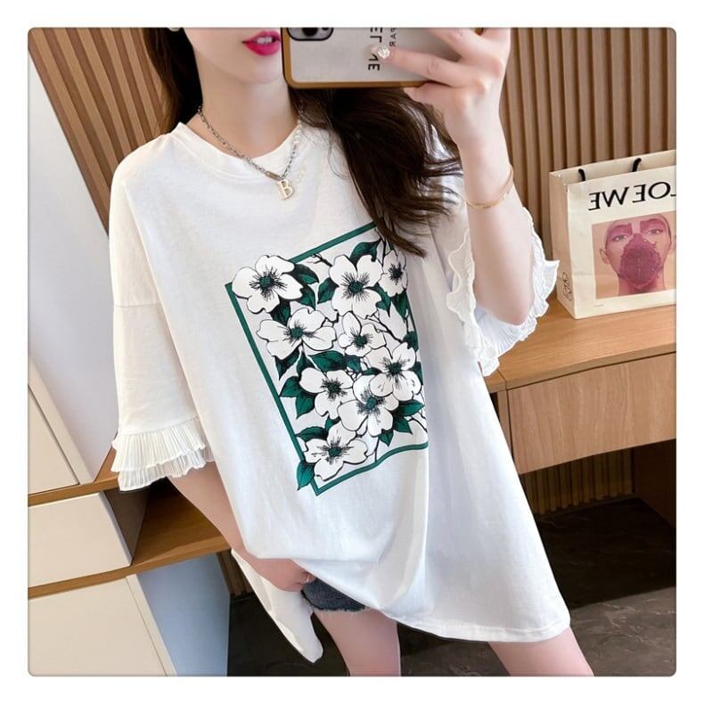 優しい雰囲気 プリント フリル切り替え ロングTシャツ ゆったり半袖＜S-2891＞