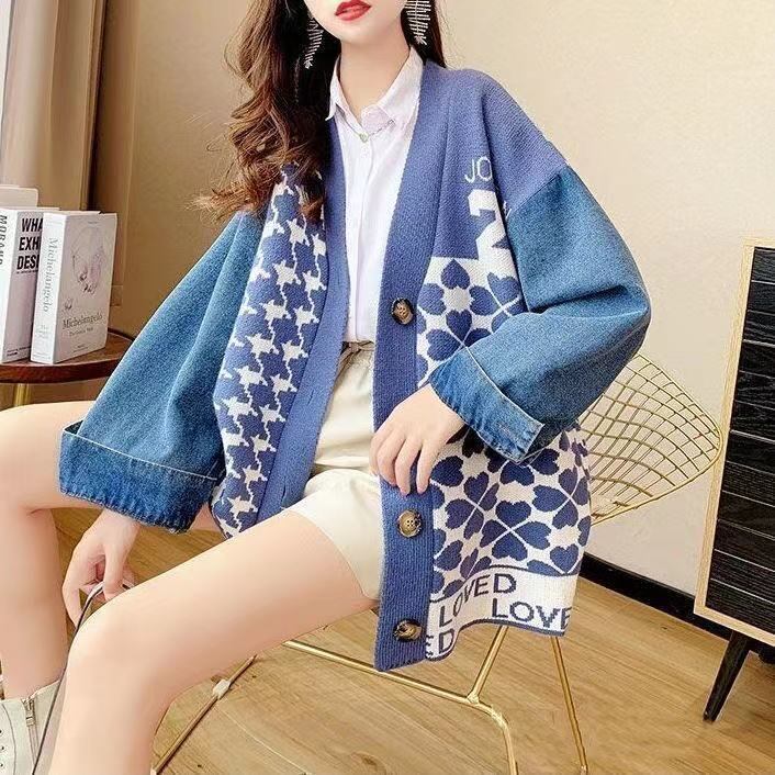 都市ファッショ デザイン オシャレ デニム切り替え 全2色 ニットカーディガン<S-9377>