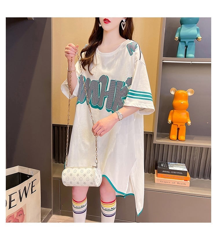 おしゃれ度アップ アルファベット フィッシュテール プリントTシャツ ゆったり半袖＜S-3012＞