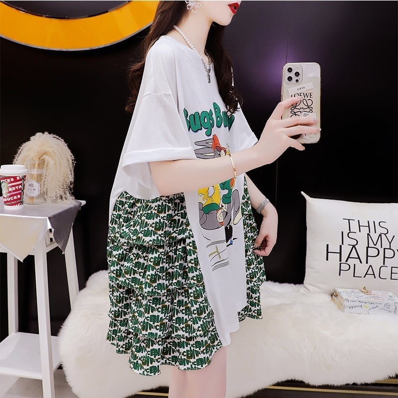 デザイン感 プリント チャーミング Tシャツ カットソー ワンピース＜S-3508＞