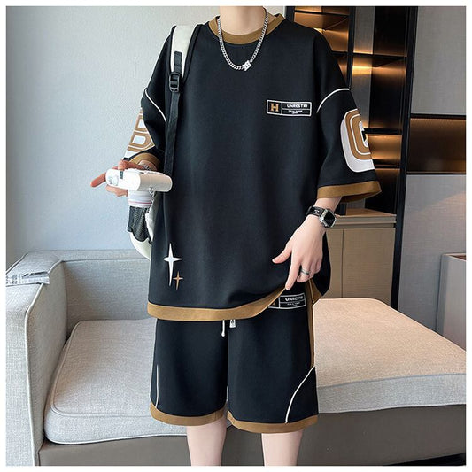 早い者勝ち カジュアル ファッション 切り替え 全3色 半袖Ｔシャツⅹパンツセット<S-8950>