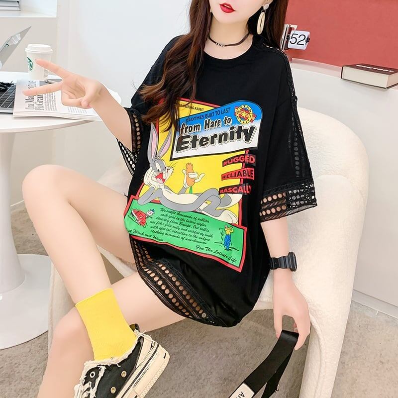 デザインセンス中空プリントTシャツルーズトップス<S-2877>