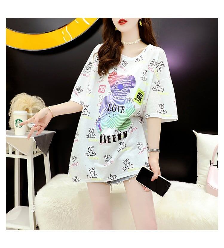 大活躍 プリント 熊柄 Tシャツ ラウンドネック ゆったり半袖＜S-3004＞