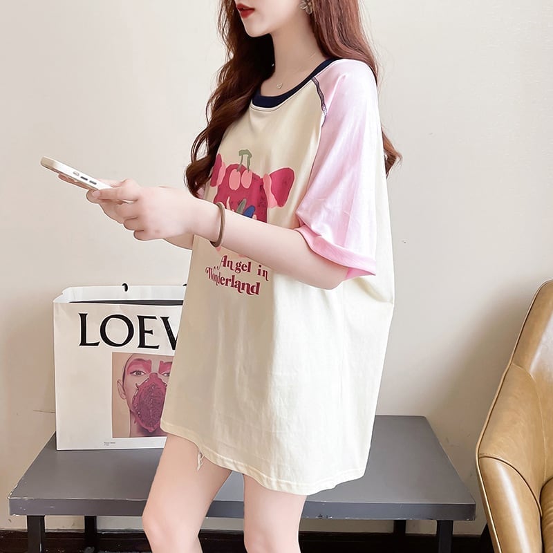 女子マスト ラグランTシャツ カラーマッチング ライトパープル アルファベットプリント半袖 ＜S-2974＞