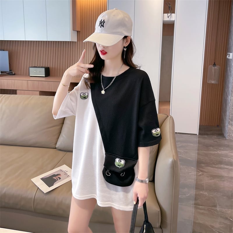 合わせやすい ワッフルTシャツ 切り替え かえるくん ゆったり半袖＜S-2992＞