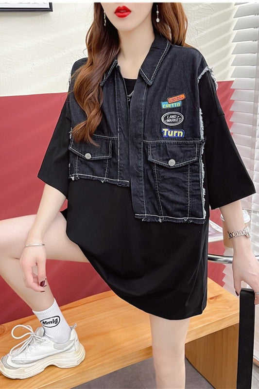 ウエスタンテイストのエイジレスなデザインセンスのデニム継ぎ半袖Tシャツ<S-2912>