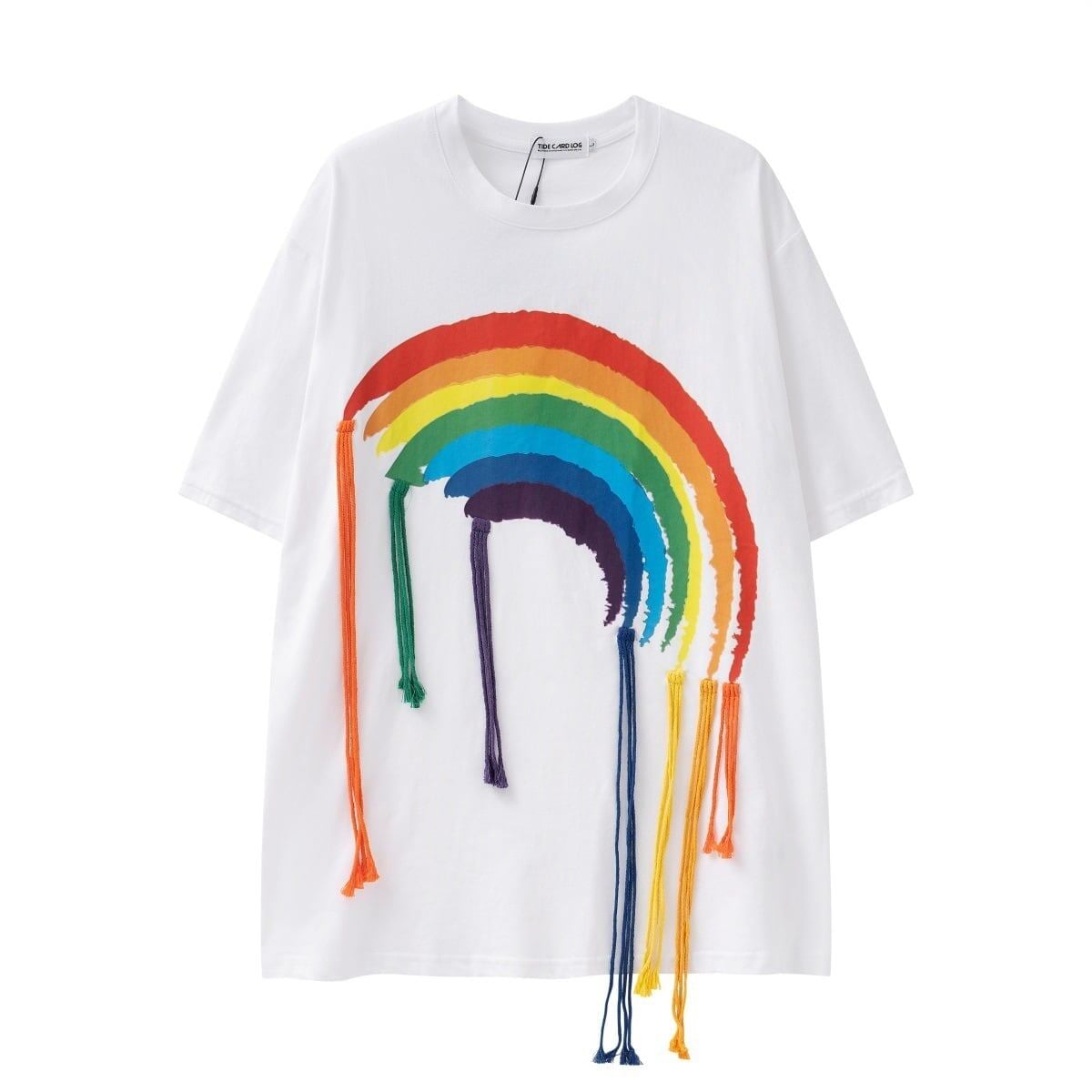 好感度UP 虹ロゴ タッセル ゆったり Tシャツ 全2色 ユニセックス半袖<S-4863>