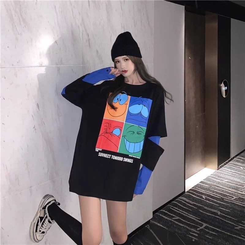見逃し禁止レイヤード  グラフィックプリント 二色長袖Tシャツ＜S-4065＞