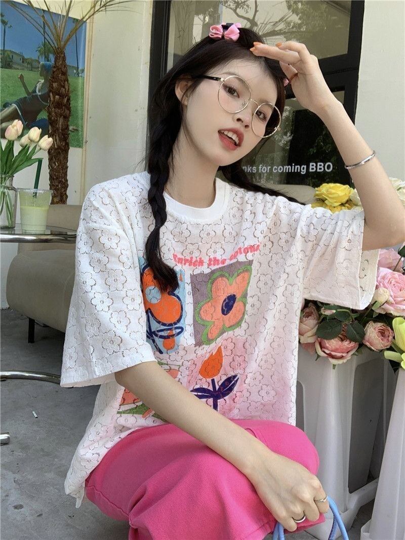 新作 プリント 透かし彫り ゆったり 半袖 Ｔシャツ <S-8089>