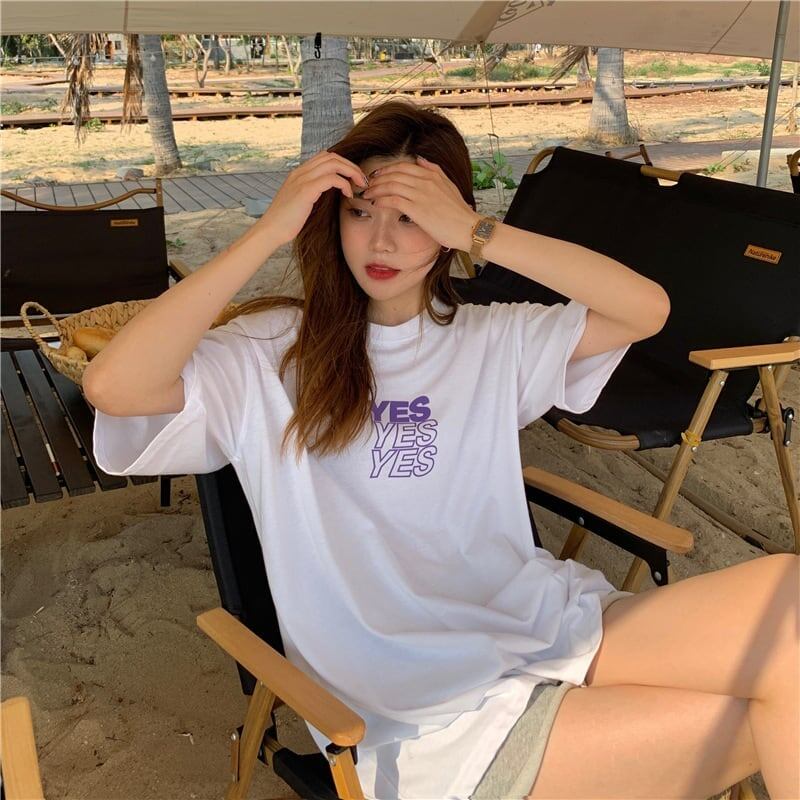 着心地良い プリント アルファベット ロング Tシャツ ゆったり半袖 ＜S-2851＞
