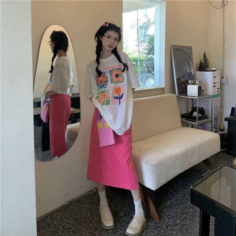 新作 プリント 透かし彫り ゆったり 半袖 Ｔシャツ <S-8089>