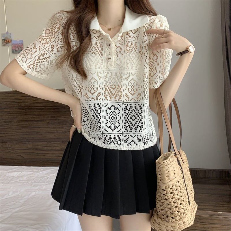 ファッション 透かし彫り 美人度アップ POLOネック Tシャツ カットソー＜S-3234＞