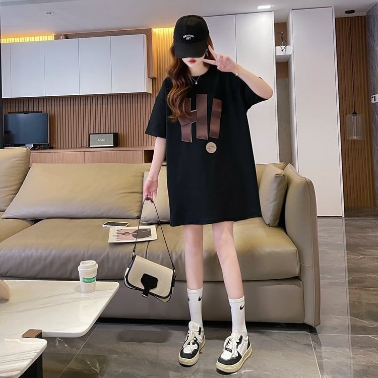 ファッション ロング プリントTシャツ 丸襟 半袖＜S-2807＞