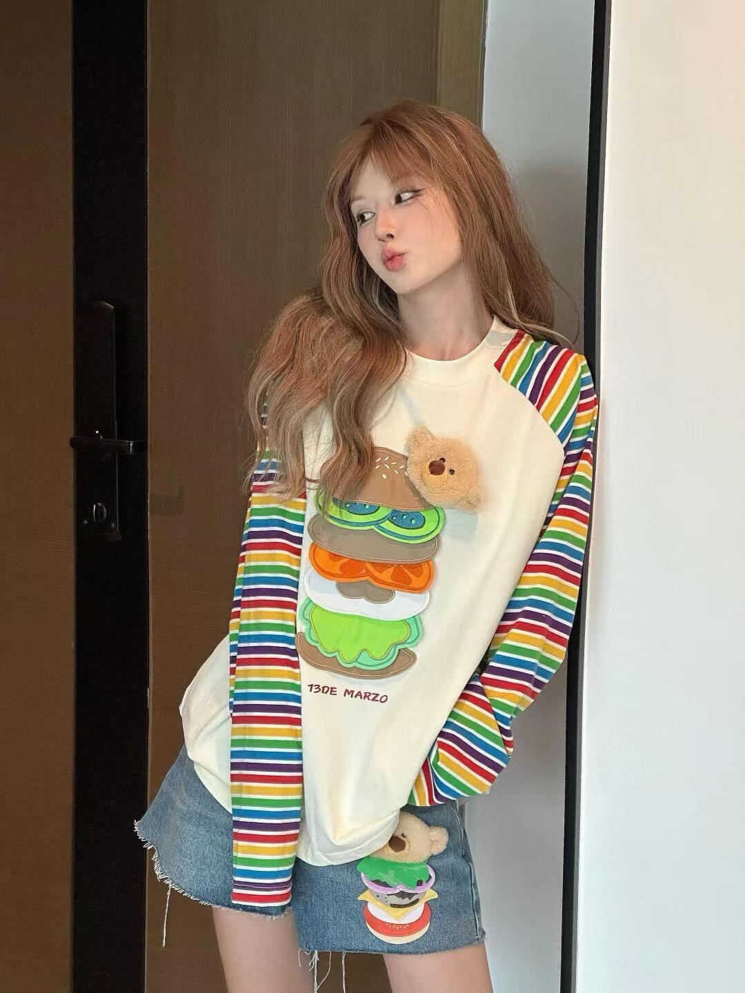 都市ファッショ デザイン オシャレ 大人可愛い 着心地良い プリント ストライプ柄 半袖Tシャツ<S-9332>
